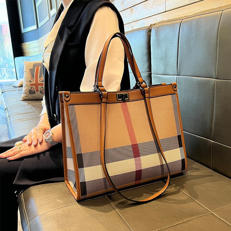 Genuine Leather Plaid Shell Handbag for Women, New Versatile Large Capacity Top Handle Shoulder Crossbody Purse, Trendy Bag for Ladies