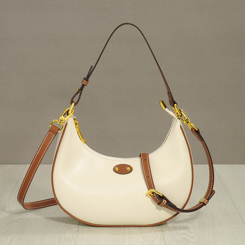 New Vintage Monogram Arch Style Genuine Leather Shoulder Crossbody Bag for Women, Celebrity Crescent Baguette Bag