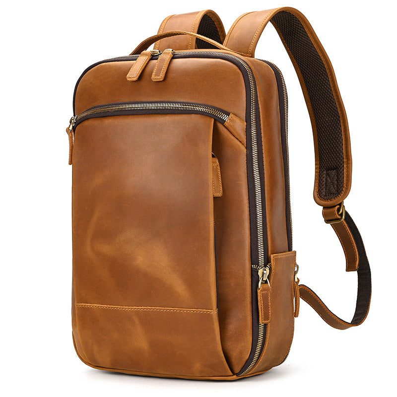 Double Zipper Main Pocket Crazy Horse Leather Backpack, Large Capacity Casual Travel Daypack, Genuine Cowhide Bag for Men