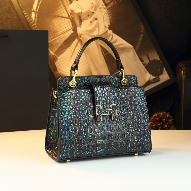 New Arrival Large Capacity Croc-Effect Genuine Leather Bag for Women, A Multi-Layer Top-Handle Crossbody Shoulder Handbag with Fashionable Design