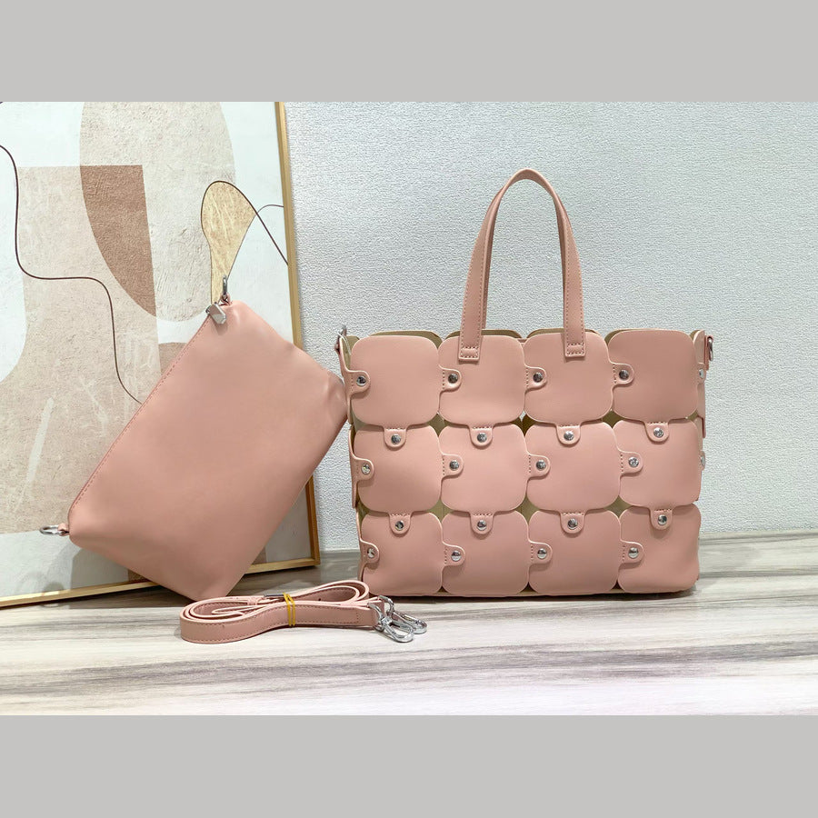 Geometric Patchwork Bucket Bag Set for Women Large Capacity Shoulder Crossbody Handbag, Creative Versatile Purse with Detachable Sub-Bag