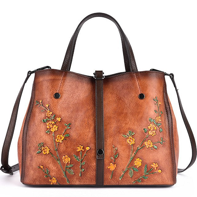 Genuine Leather Chinese Vintage Tote Bag for Women, Classical Top Handle Handbag with Hand-Burnished Finish, Large Capacity Multi-Compartment Purse for Ladies
