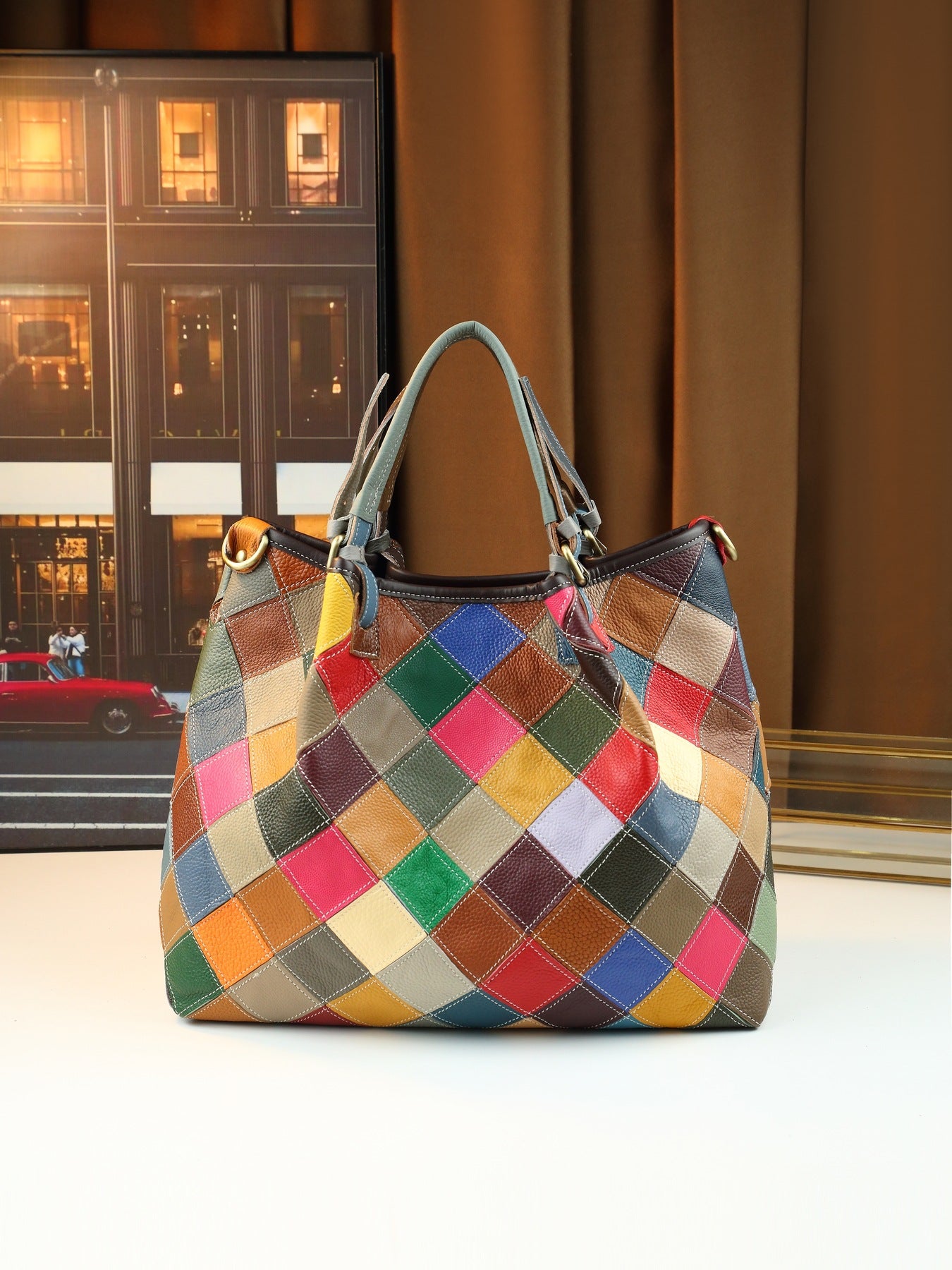 Iridescent Geometric Patchwork Tote Bag for Women Color-Block Genuine Leather Large Capacity Shoulder Crossbody Handbag with Artistic Design
