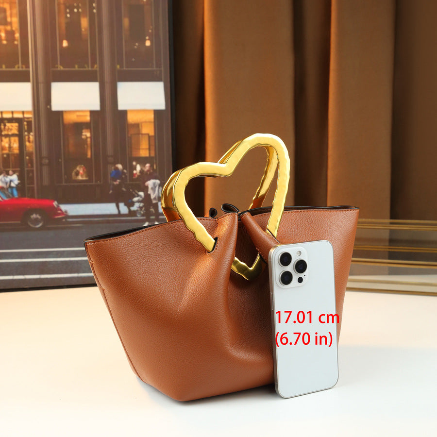Heart Metal Handle Bucket Bag for Women Soft Leather Pleated Shoulder Crossbody Handbag, Trendy Designer Purse with Romantic Hardware Accent
