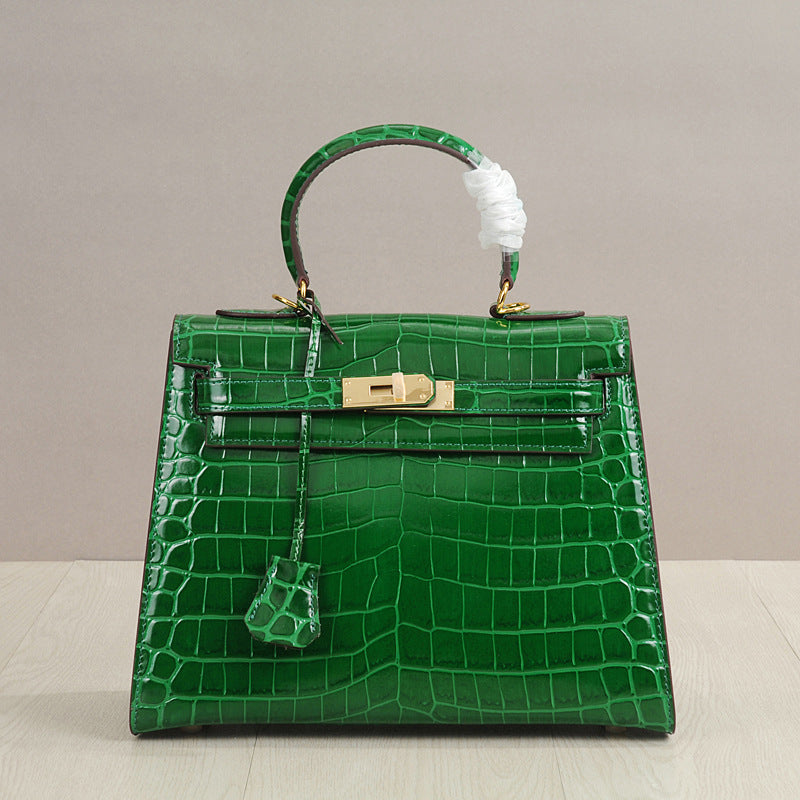 Genuine Leather Crocodile-Embossed Kelly-Style Handbag for Women, New Spring Summer Top Handle Crossbody Purse, Premium Elegant Shoulder Bag for Ladies