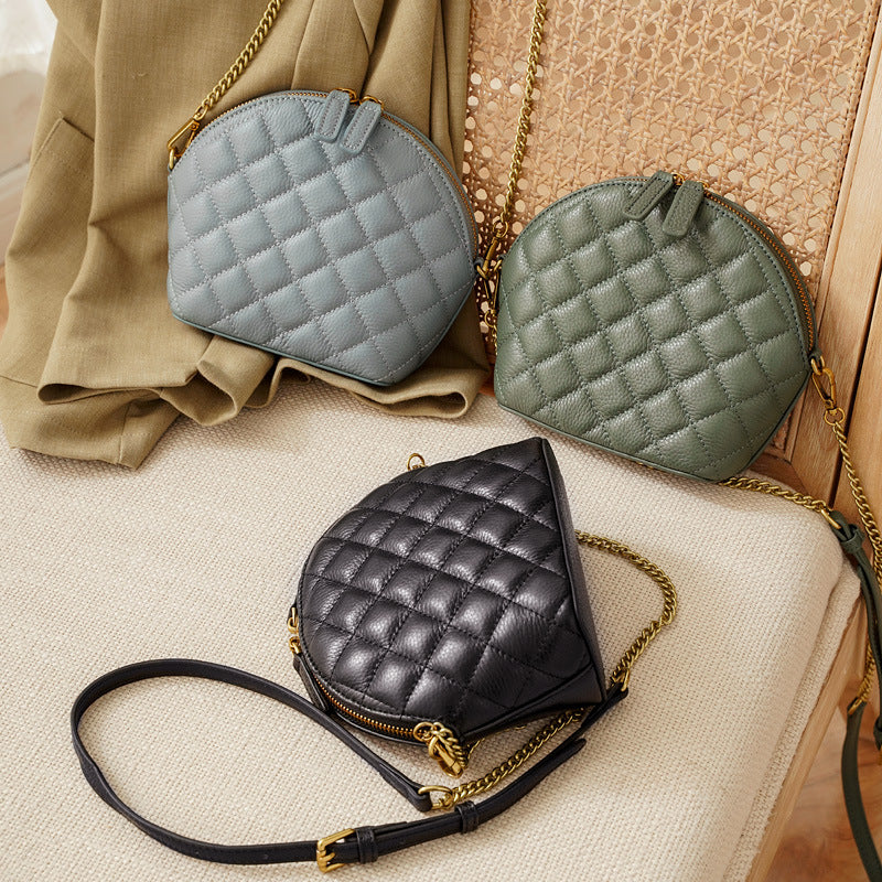 New Chanel-Style Quilted Chain Shell Mini Bag, Top Layer Cowhide Crossbody Purse, Trendy Handbag for Women