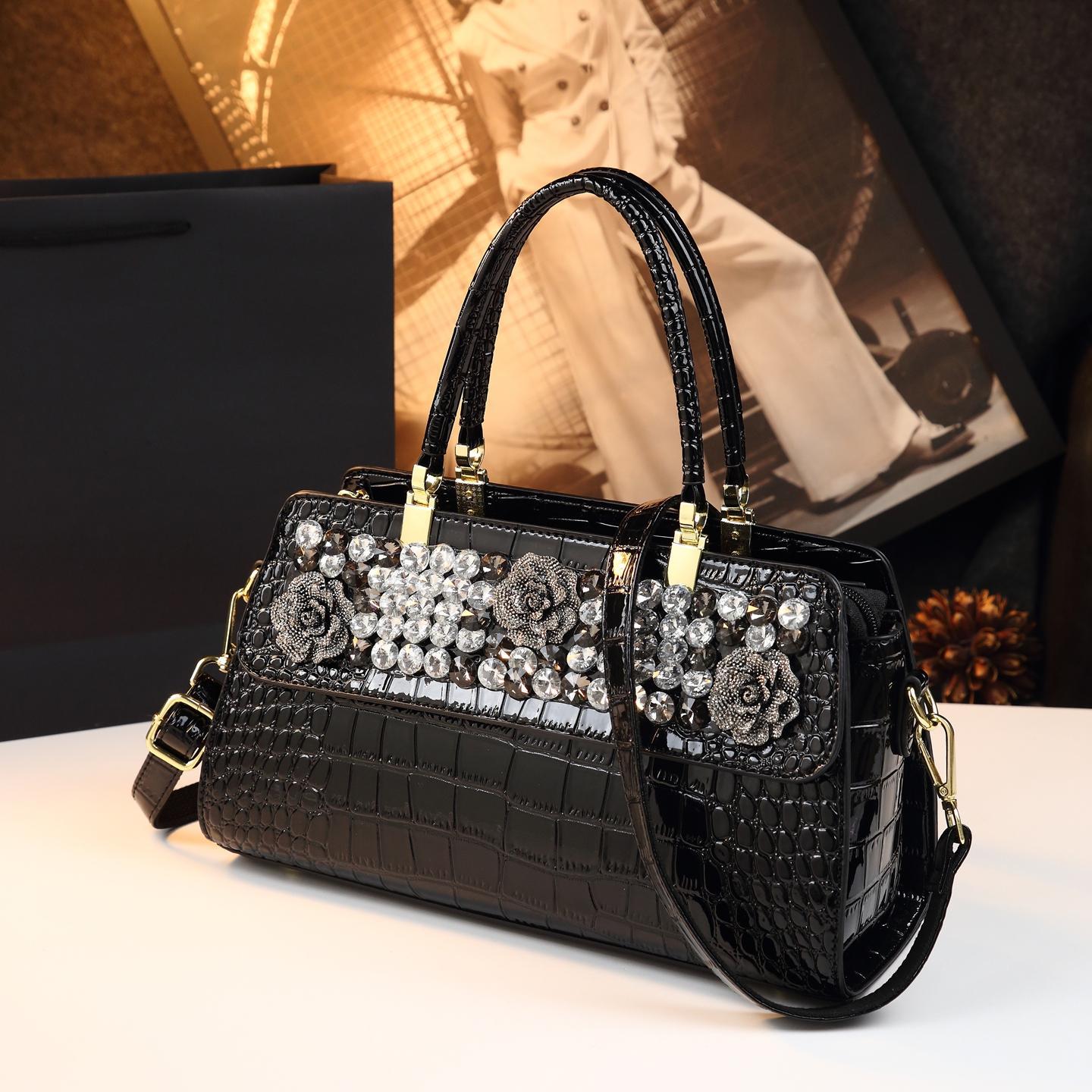 New Arrival 2026 Rhinestone-Embellished Croc-Effect Mom Bag for Women, An Elegant Large Capacity Shoulder Crossbody Top-Handle Handbag with Premium Design