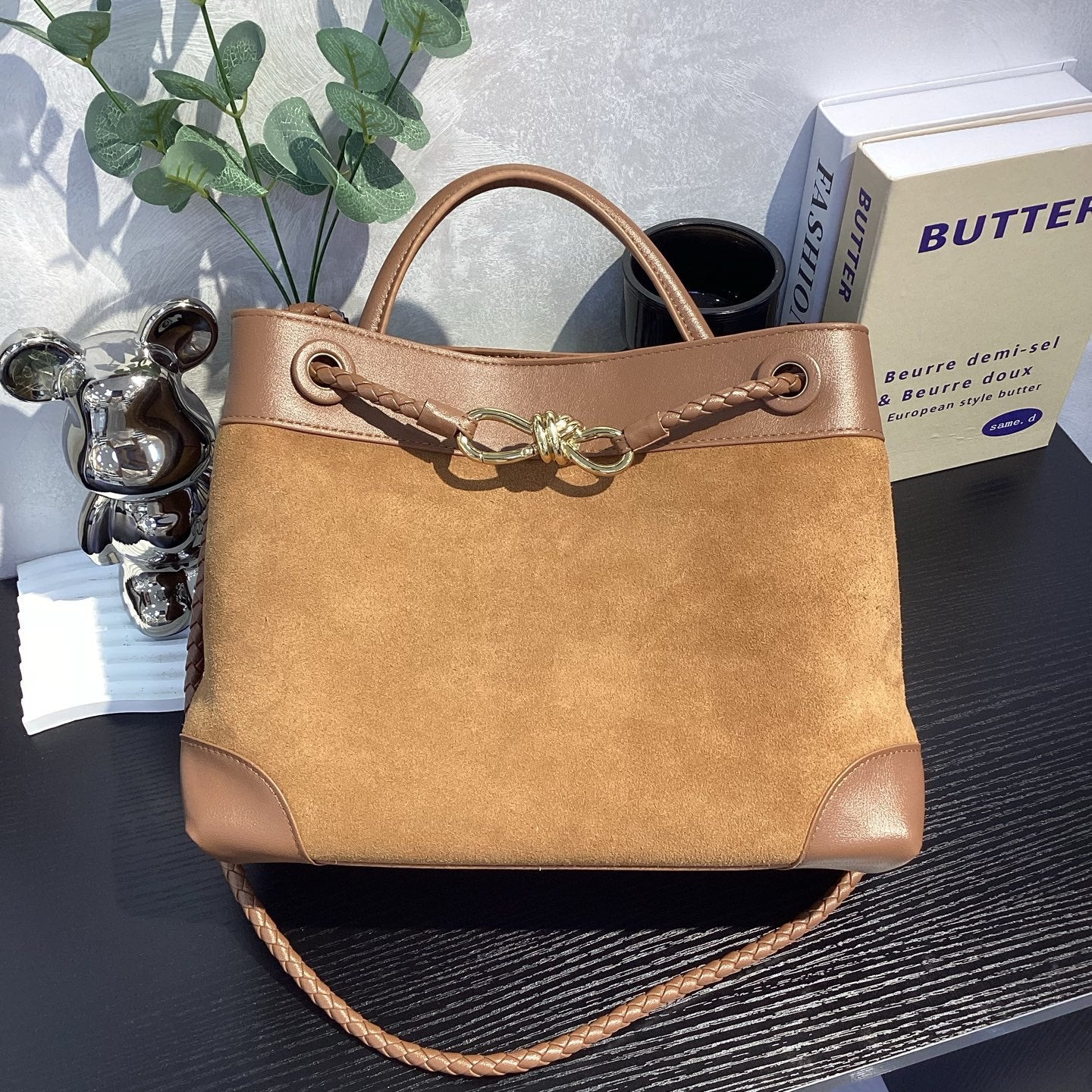 Suede Leather Woven Rope-Knot Handbag, Simple Elegant Shoulder & Crossbody Commuter Bag for Women