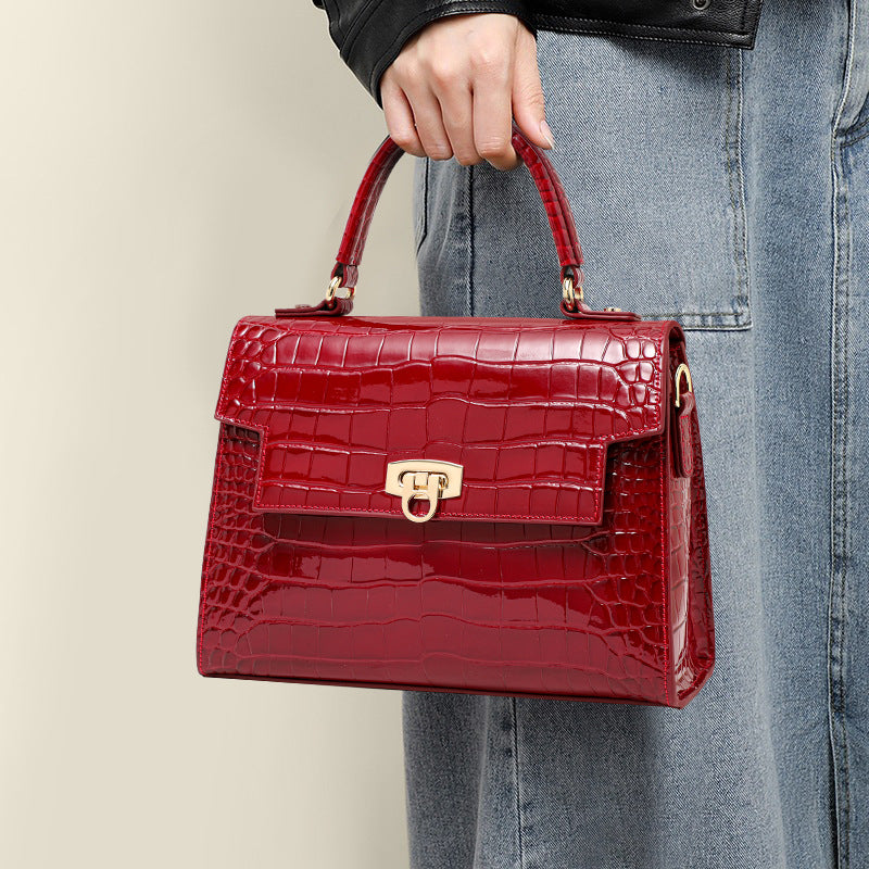 Genuine Leather Glossy Crocodile-Embossed Handbag for Women, 2026 New Lock Buckle Large Capacity Shoulder Crossbody Purse, Trendy Bag for Ladies