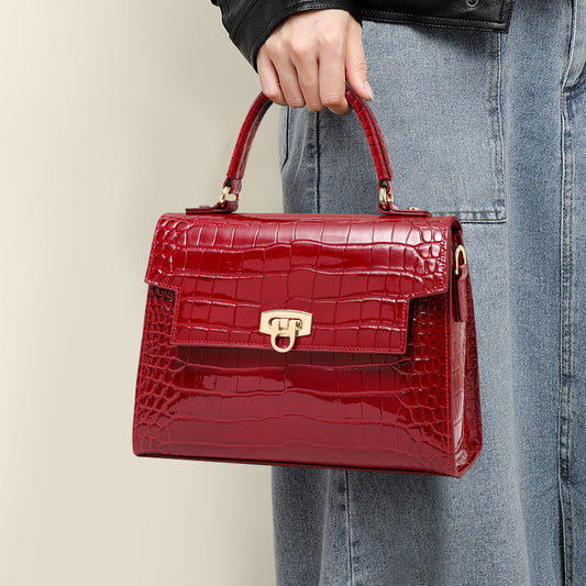 Genuine Leather Glossy Crocodile-Embossed Handbag for Women, 2026 New Lock Buckle Large Capacity Shoulder Crossbody Purse, Trendy Bag for Ladies