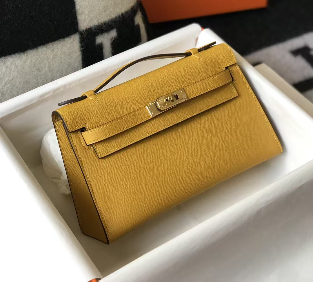Genuine Top Layer Epsom Palm Texture Cowhide Kelly-Style 22cm Bag for Women, Trendy Street Style Small Square Top Handle Purse, Fashionable Handbag for Ladies