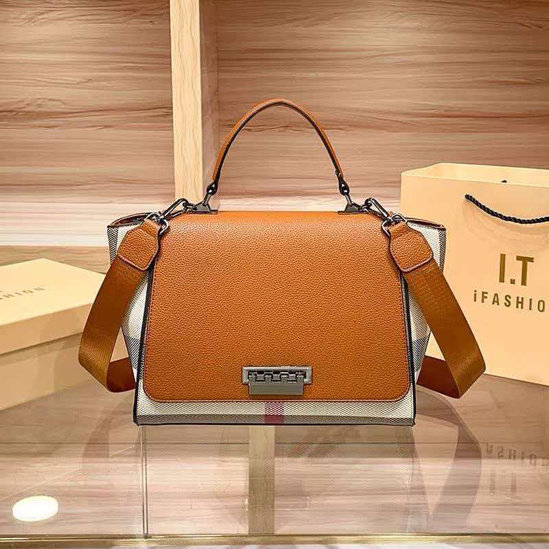 Genuine Leather Plaid Shell Handbag for Women, New Versatile Large Capacity Top Handle Shoulder Crossbody Purse, Trendy Bag for Ladies