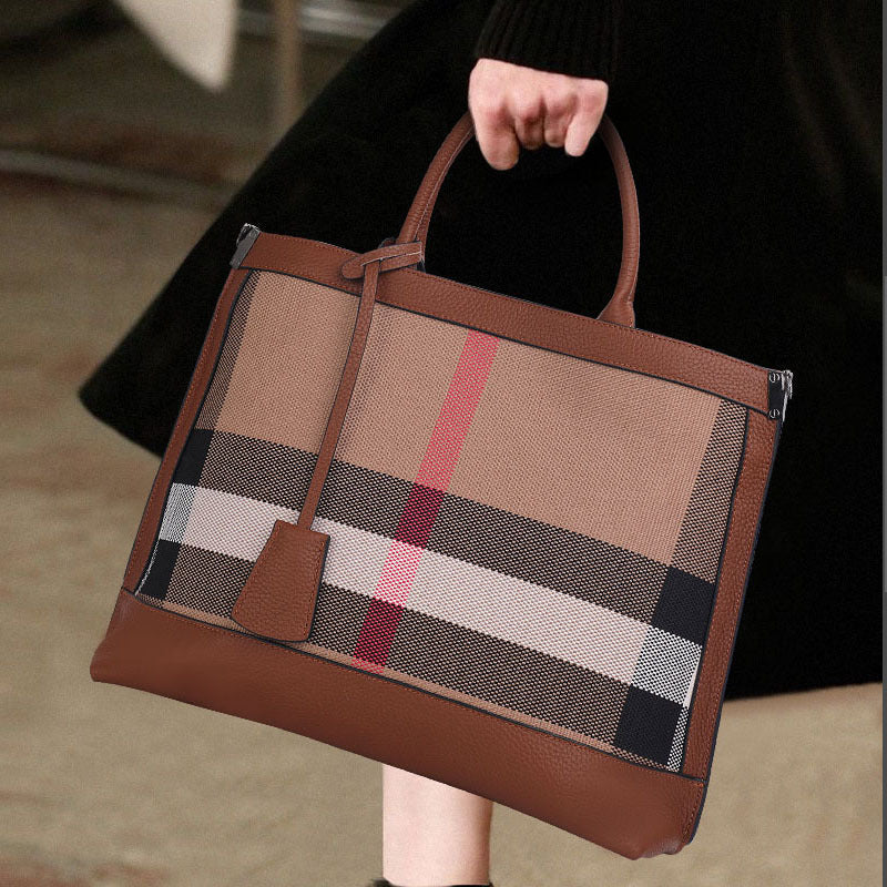 New Large Capacity Genuine Cowhide Plaid Tote Bag, Versatile Fashionable Shoulder Handbag, Premium Leather Bag for Women