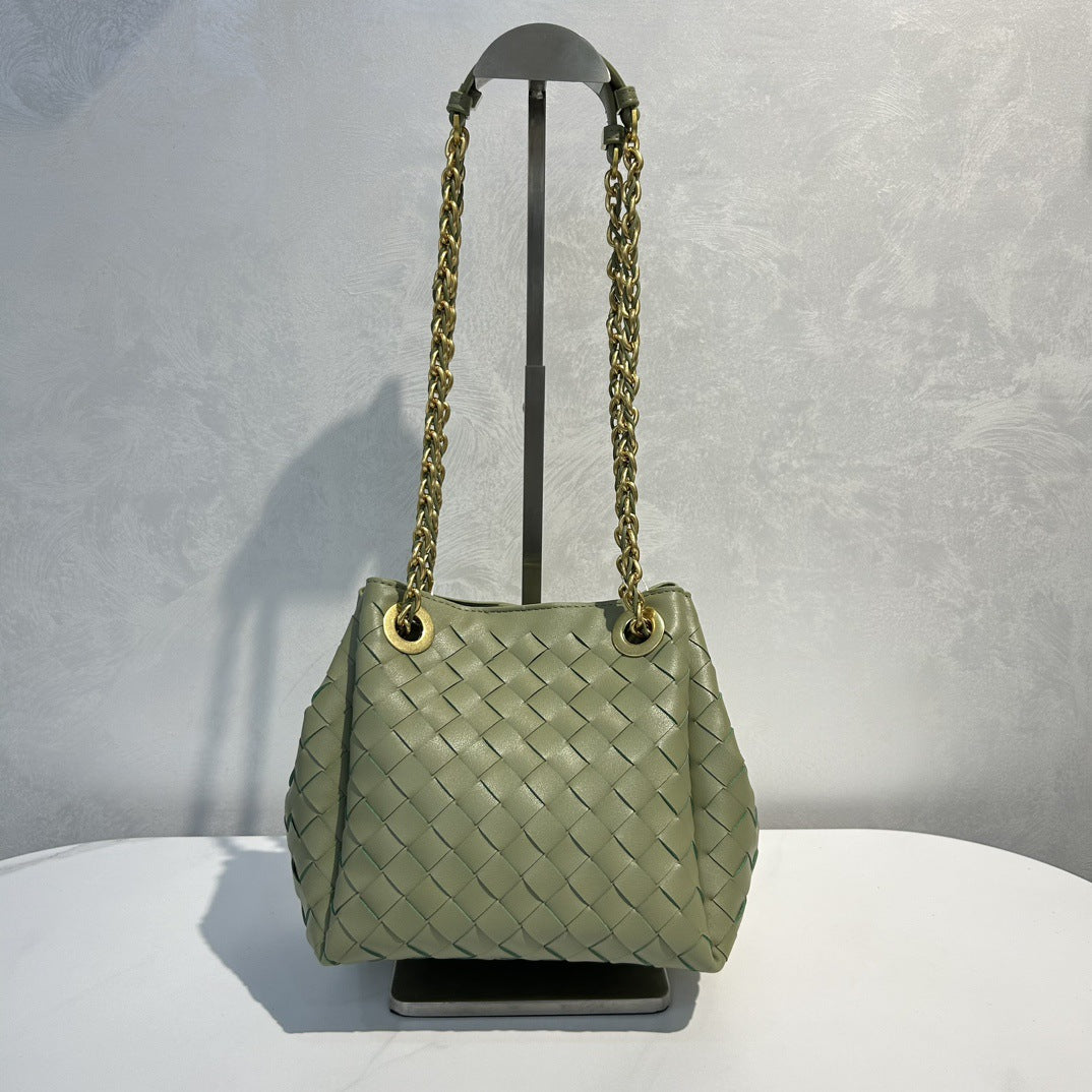 Genuine Leather Metal Chain Woven Parachute Bag for Women, Large Capacity Vintage Underarm Shoulder Crossbody Purse, Premium Handbag for Ladies