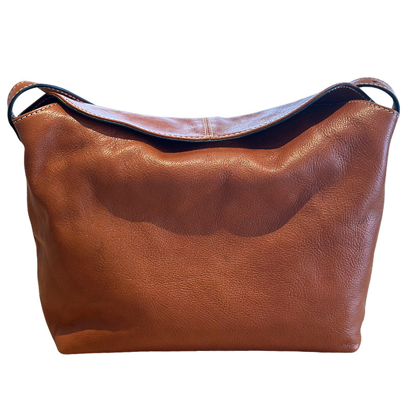 Genuine Vegetable-Tanned Cowhide Bag for Women, New Summer Minimalist Crossbody Purse, Vintage Large Capacity Commute Shoulder Handbag for Ladies