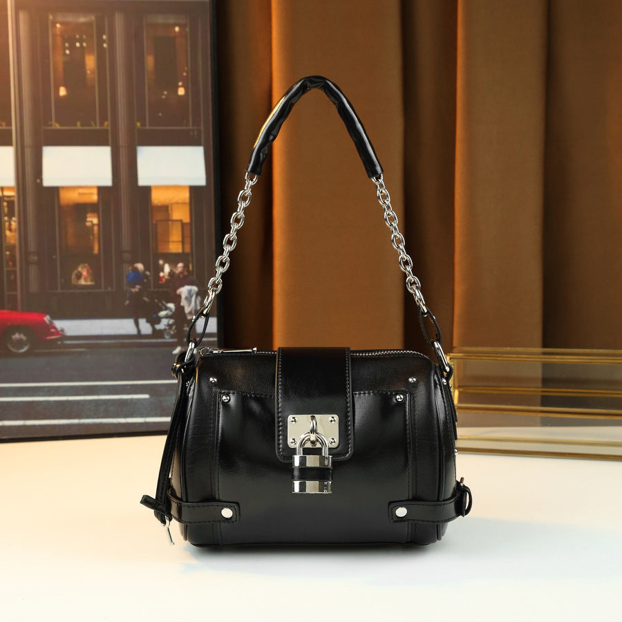Vintage Biker Lock Stud Tote Bag for Women Large Capacity Shoulder Crossbody Handbag, Edgy Hardware Purse with Versatile Style