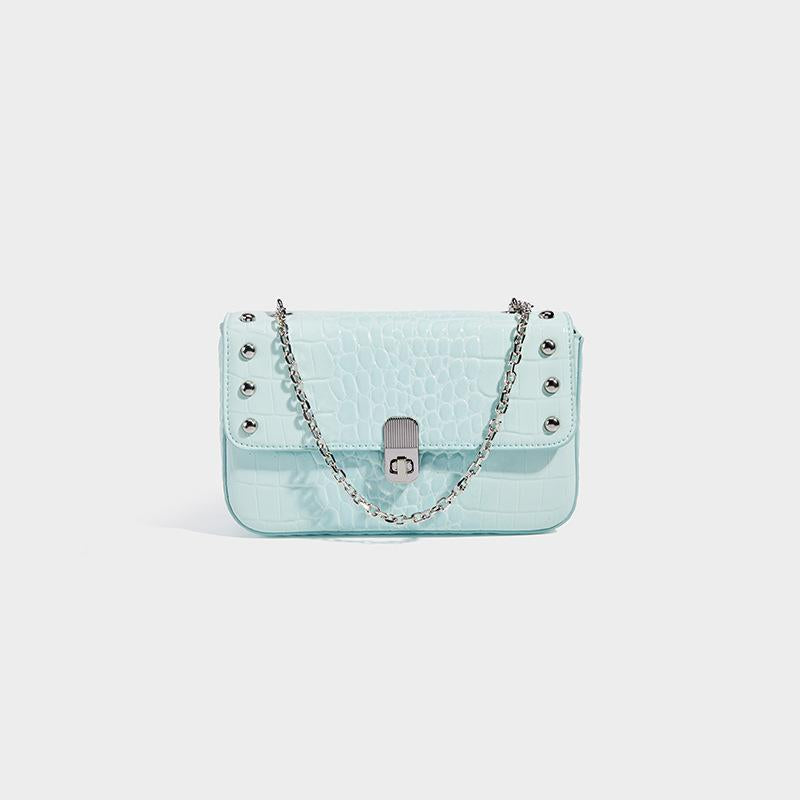 New Arrival Croc-Effect Studded Flap Biker Bag for Women, A Small Chain Crossbody Shoulder Handbag with Fashionable Design