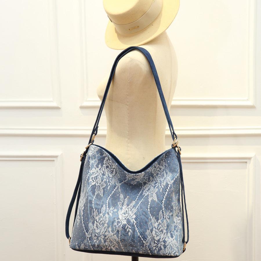 French Lace Rhinestone Denim Tote Bag for Women Large Capacity Drawstring Shoulder Crossbody Backpack, Versatile 3-in-1 Bag with Sparkling Embellishments