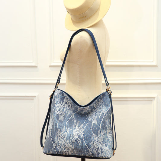 French Lace Rhinestone Denim Tote Bag for Women Large Capacity Drawstring Shoulder Crossbody Backpack, Versatile 3-in-1 Bag with Sparkling Embellishments