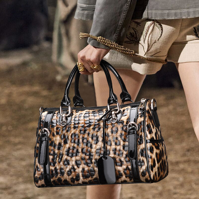 Premium Boston Bag in Genuine Cowhide, Leopard Print Large Capacity Top Handle Crossbody Purse, Stylish Handbag for Women