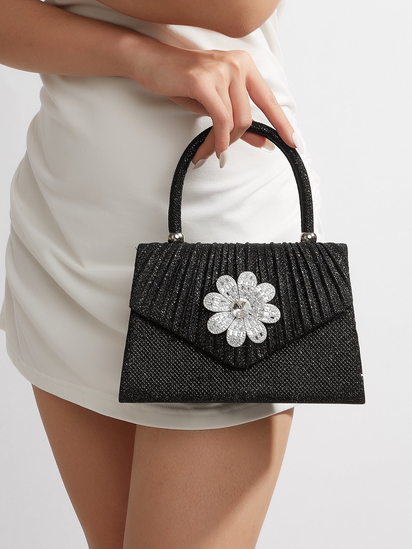 Black Rhinestone Floral Evening Clutch for Women, New Pleated Top Handle Bag, Premium Chanel-Style Formal Gown Purse for Ladies