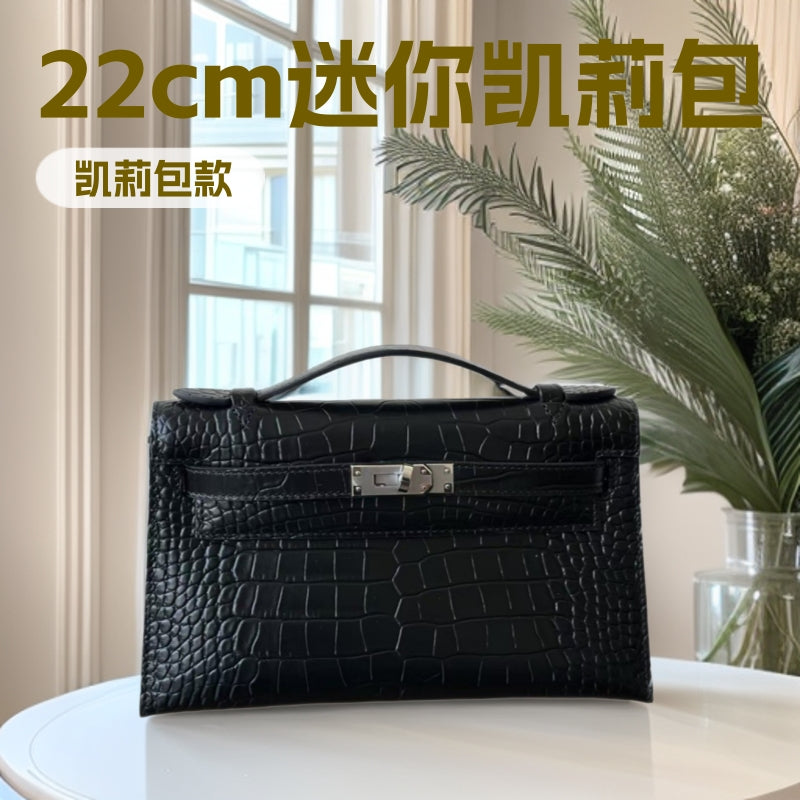 Genuine Leather Crocodile-Embossed Kelly-Style 22cm Bag for Women, 2025 New Small Square Shoulder Crossbody Top Handle Purse, Light Luxury Everyday Handbag for Ladies