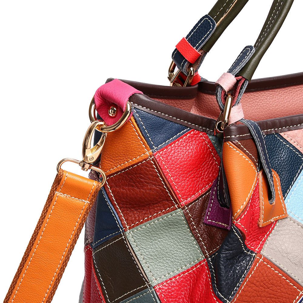 Genuine Top Layer Cowhide Plaid Color Block Patchwork Bag for Women, New Handmade Shoulder Crossbody Top Handle Purse, Trendy Everyday Handbag for Ladies