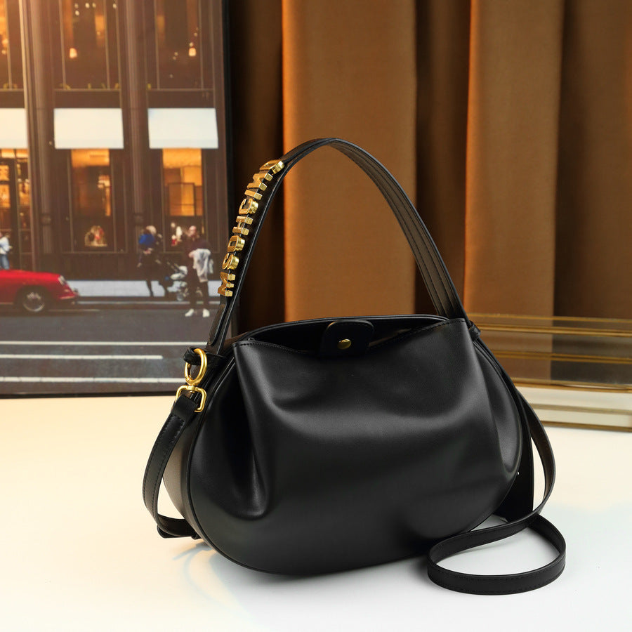 French Style Soft Leather Pleated Cloud Dumpling Bag for Women with Metal Letter Embellishment, Minimalist Solid Color Shoulder Crossbody Handbag