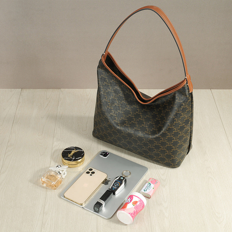 Vintage Arch Style Tote Bag for Women Genuine Leather Monogram Large Capacity Shoulder Shopper Commuter Bag