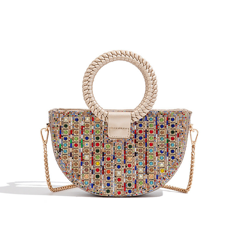 New Semi-Circle Rhinestone Top-Handle Bag for Women, Sparkly Crystal Shoulder Purse, Light Luxury Evening Handbag for Parties & Banquets