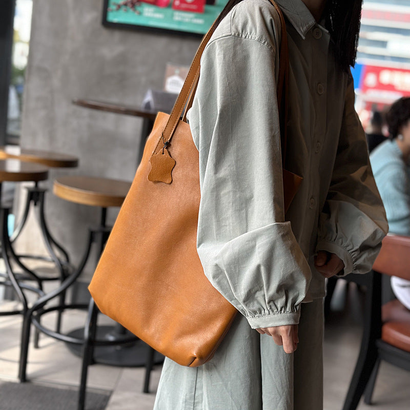 Genuine Top Layer Cowhide Tote Bag for Women, New Spring Minimalist Casual Shoulder Purse, Lightweight Versatile Shopping Handbag for Ladies