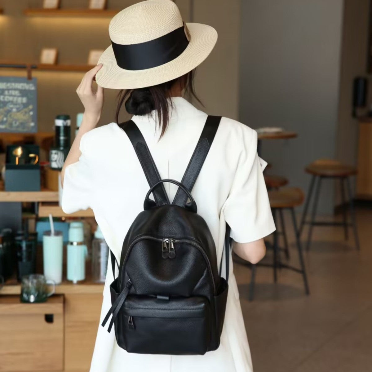 Genuine Soft Leather Light Luxury Backpack for Women, Korean Casual Commute Travel Lightweight Daypack, Stylish School Bag for Ladies