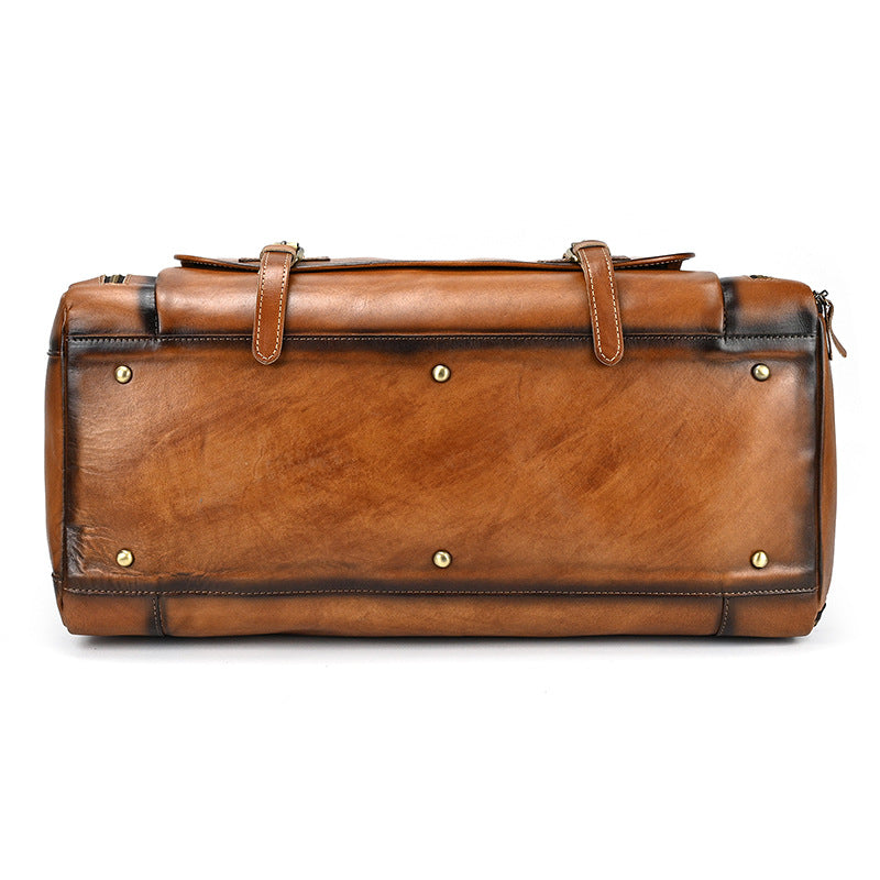 Vintage Burnished Leather Travel Duffle with Shoe Compartment, Large Capacity Gym Weekender, Fashionable Cowhide Luggage Bag for Men