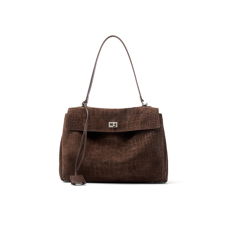 Genuine Suede Large Capacity Tote Bag for Women, Vintage Commute Underarm Shoulder Top Handle Purse, Premium Everyday Handbag for Ladies