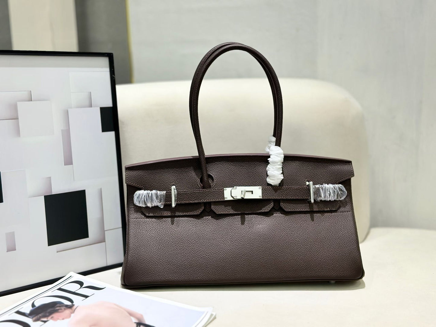 Genuine Togo Leather Birkin-Style Bag for Women, New Classic Vintage Top Handle Handbag, Niche Design Fashionable Versatile Purse for Ladies
