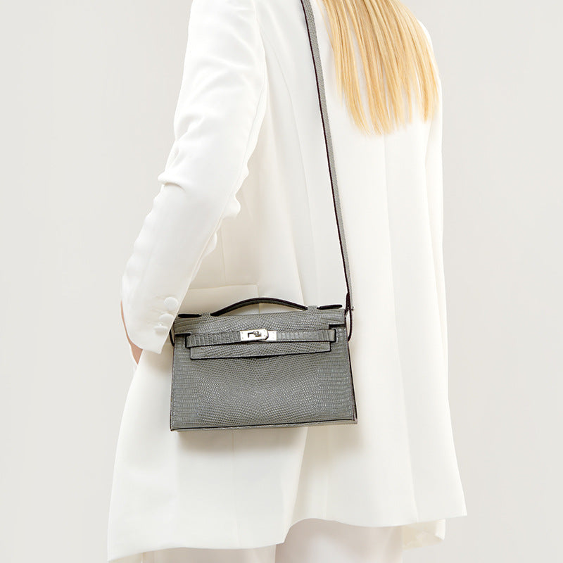 Lizard-Embossed Kelly-Style 22cm Bag in Genuine Leather, New Versatile Shoulder Crossbody Purse, Fashionable Handbag for Women