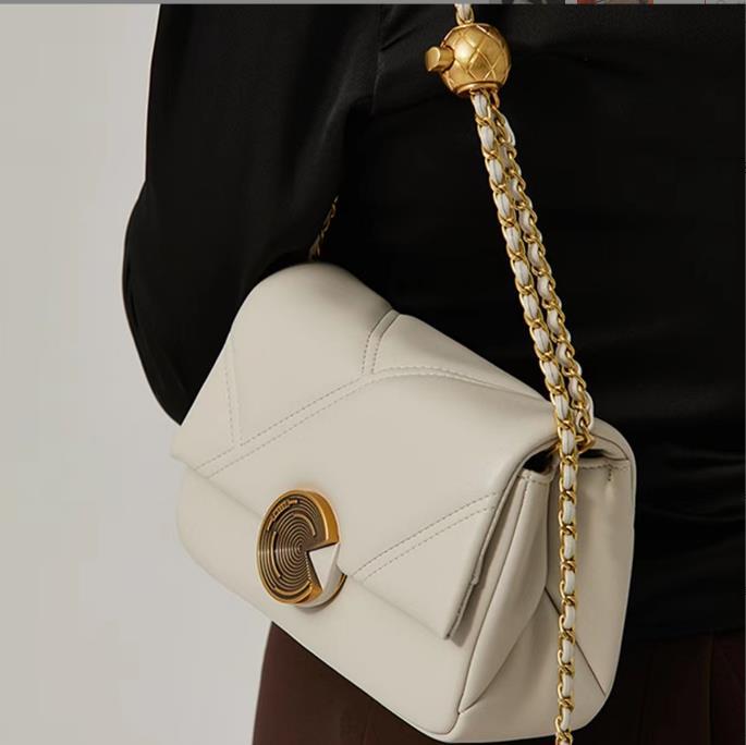 Genuine Cowhide Quilted Gold Ball Chain Small Square Bag for Women, New Light Luxury Vintage Office Shoulder Crossbody Purse, Trendy Handbag for Ladies