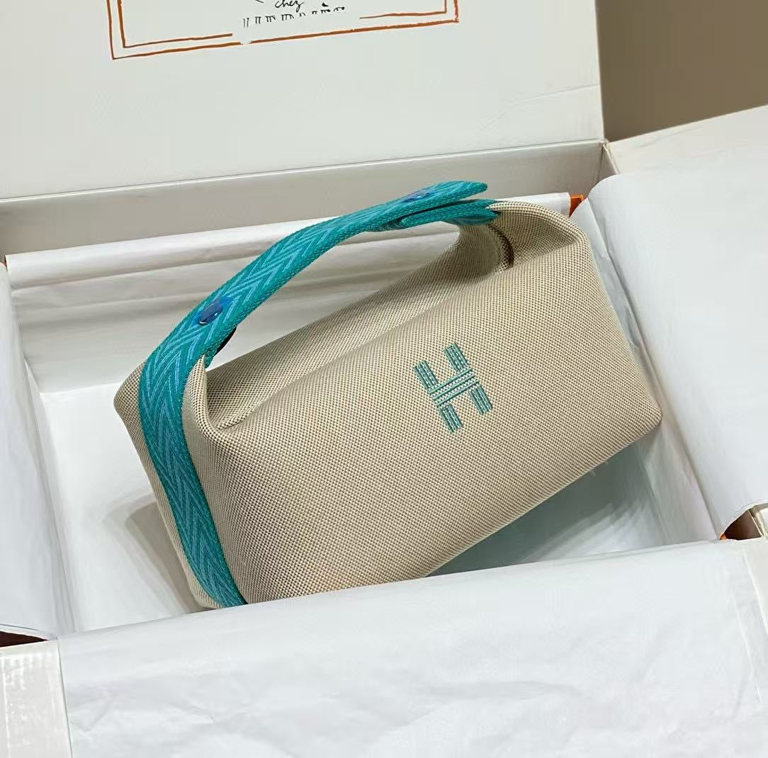 Waterproof Canvas Toiletry Bag for Women, Hermès-Inspired Travel Makeup Pouch 21/25cm, Semi-Handmade Embroidered Box Bag with Sturdy Steel Hardware, Portable Cosmetic Organizer for Daily Use