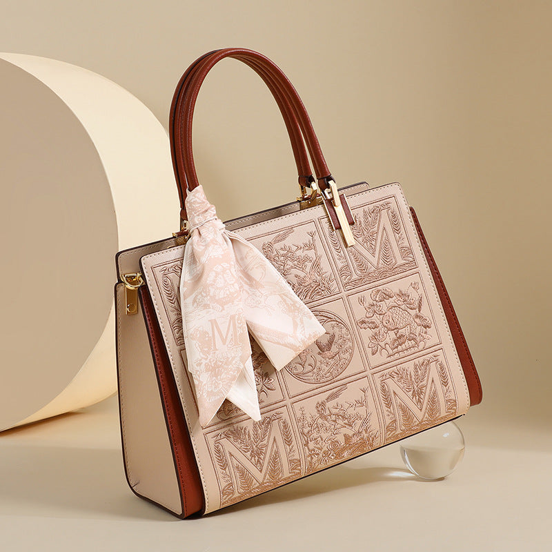 Genuine Leather Embroidered Mom Bag for Women, New Elegant Wedding Top Handle Purse, Perfect Gift for Middle-Aged Ladies