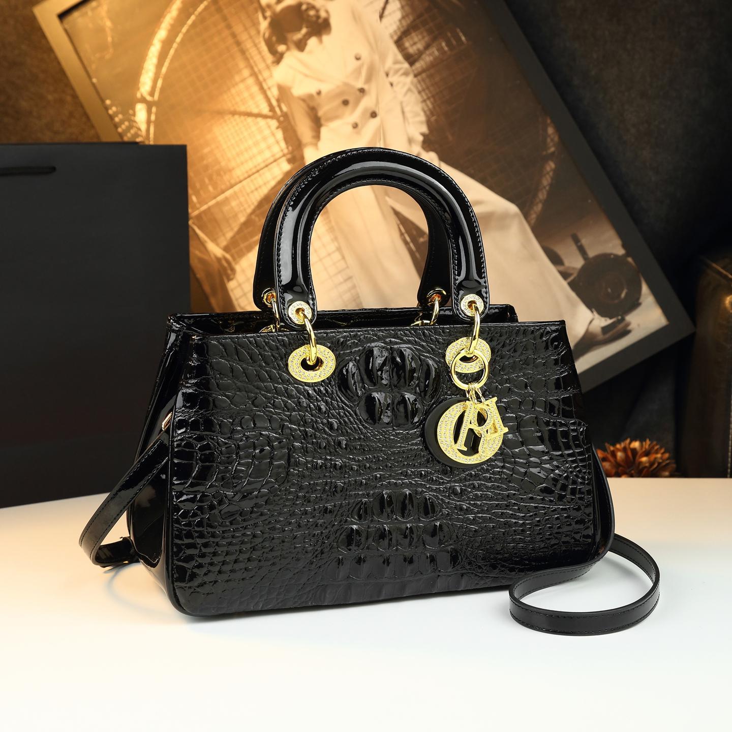 New Arrival Lady-Inspired Patent Croc-Effect Bag for Women, A Rhinestone-Embellished Shoulder Crossbody Top-Handle Handbag with Glamorous Design