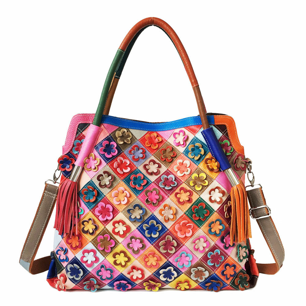 Women's Tote Shoulder Bag 100% Genuine Leather Colorful Floral Patchwork Handbag