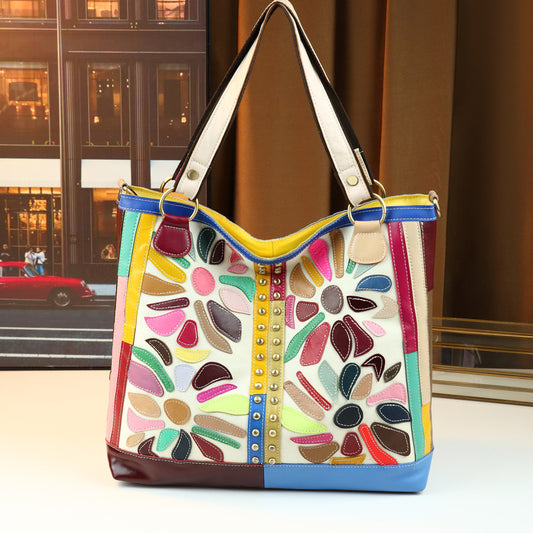 French Vintage Colorful Patchwork Tote Bag for Women Beaded Cowhide Large Capacity Shoulder Crossbody Handbag with Artistic Embellished Design
