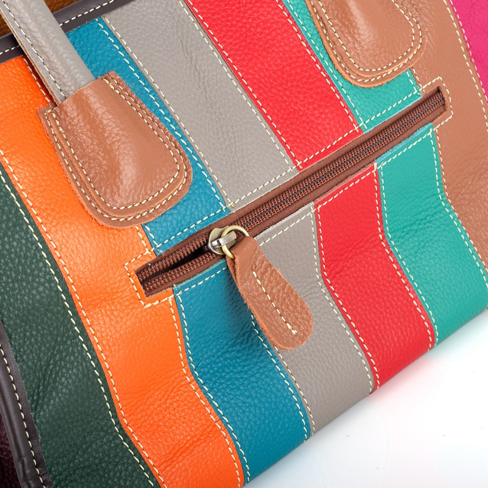 Genuine Cowhide Colorful Stripe Color Block Bag for Women, New Shoulder Crossbody Top Handle Purse, Trendy Handbag for Ladies
