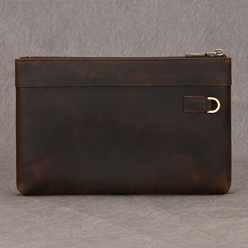 Genuine Crazy Horse Leather Long Clutch Wallet for Men, Large Capacity Vintage Business Wristlet Bag with Strap, Premium Cowhide Handbag for Gentlemen