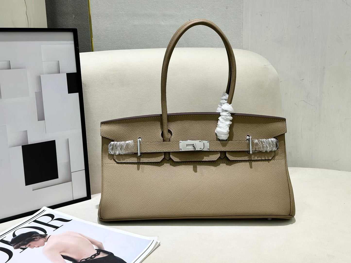 Genuine Togo Leather Birkin-Style Bag for Women, New Classic Vintage Top Handle Handbag, Niche Design Fashionable Versatile Purse for Ladies