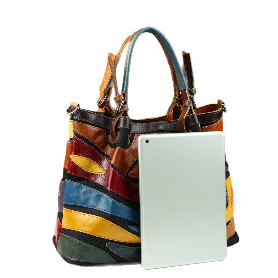 Genuine Leather Geometric Color-Block Bucket Bag for Women Colorful Patchwork Top Handle Shoulder Crossbody Purse with Artistic Design