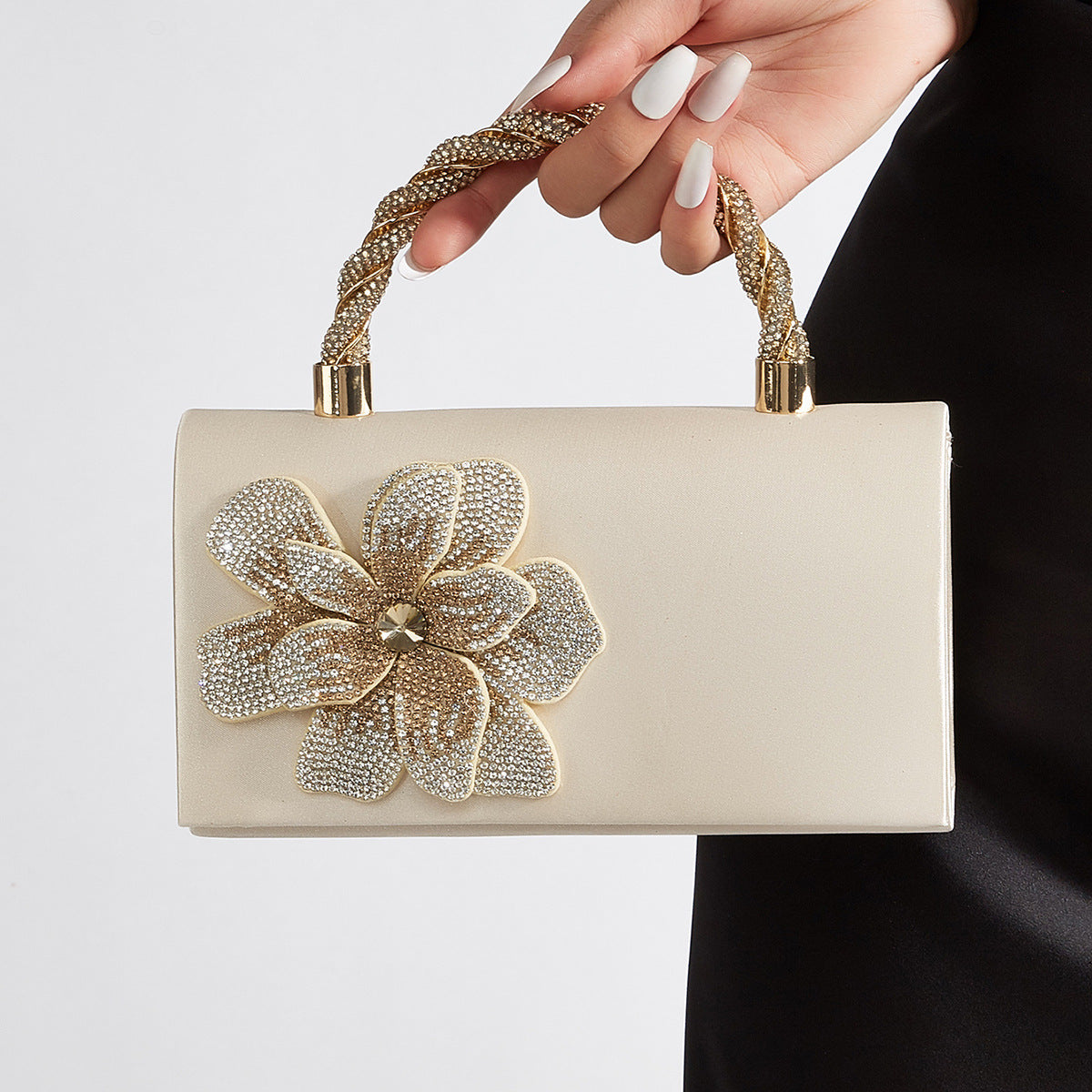 Handmade Rose Floral Silk Satin Evening Clutch for Women, Sparkly Rhinestone Small Square Crossbody Bag, Perfect Wedding Banquet Purse for Ladies