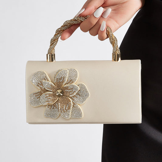 Handmade Rose Floral Silk Satin Evening Clutch for Women, Sparkly Rhinestone Small Square Crossbody Bag, Perfect Wedding Banquet Purse for Ladies