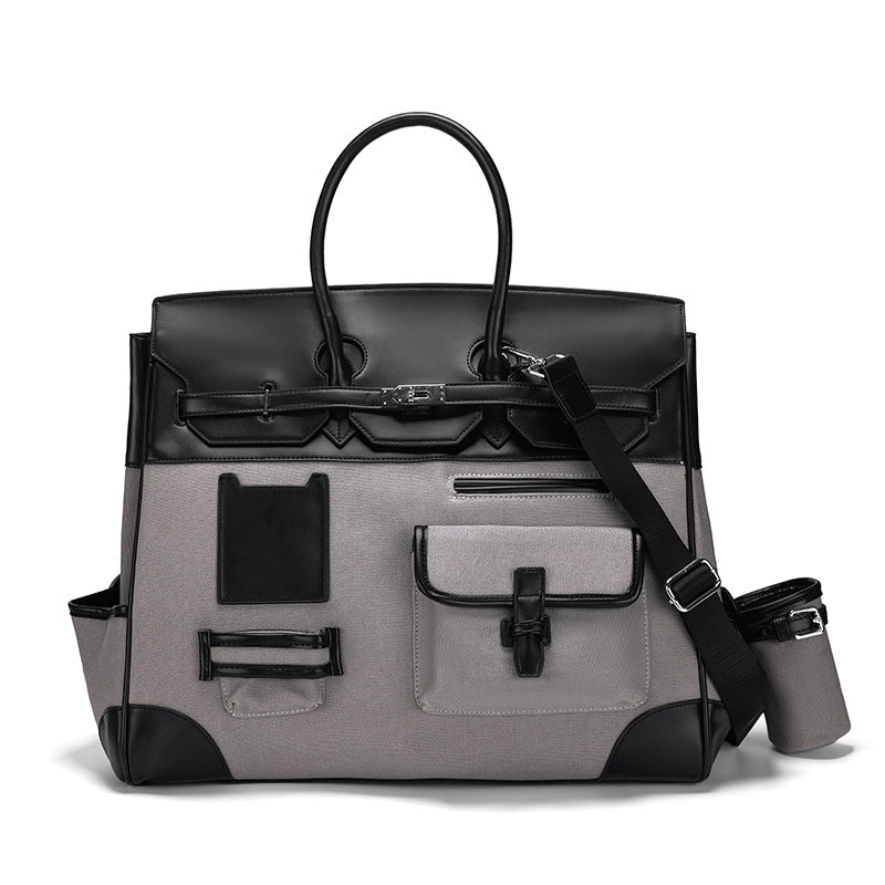 Chic Canvas & Leather Birkin-Inspired Travel Tote Bag, Vintage Light Luxury Top-Handle Handbag with Spliced Detail, Perfect for Everyday & Travel