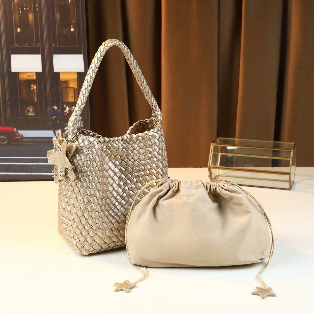 Star Charm Woven Tote Bag Set for Women Casual Shoulder Handbag with Detachable Sub-Bag, Versatile Purse with Playful Star Accent